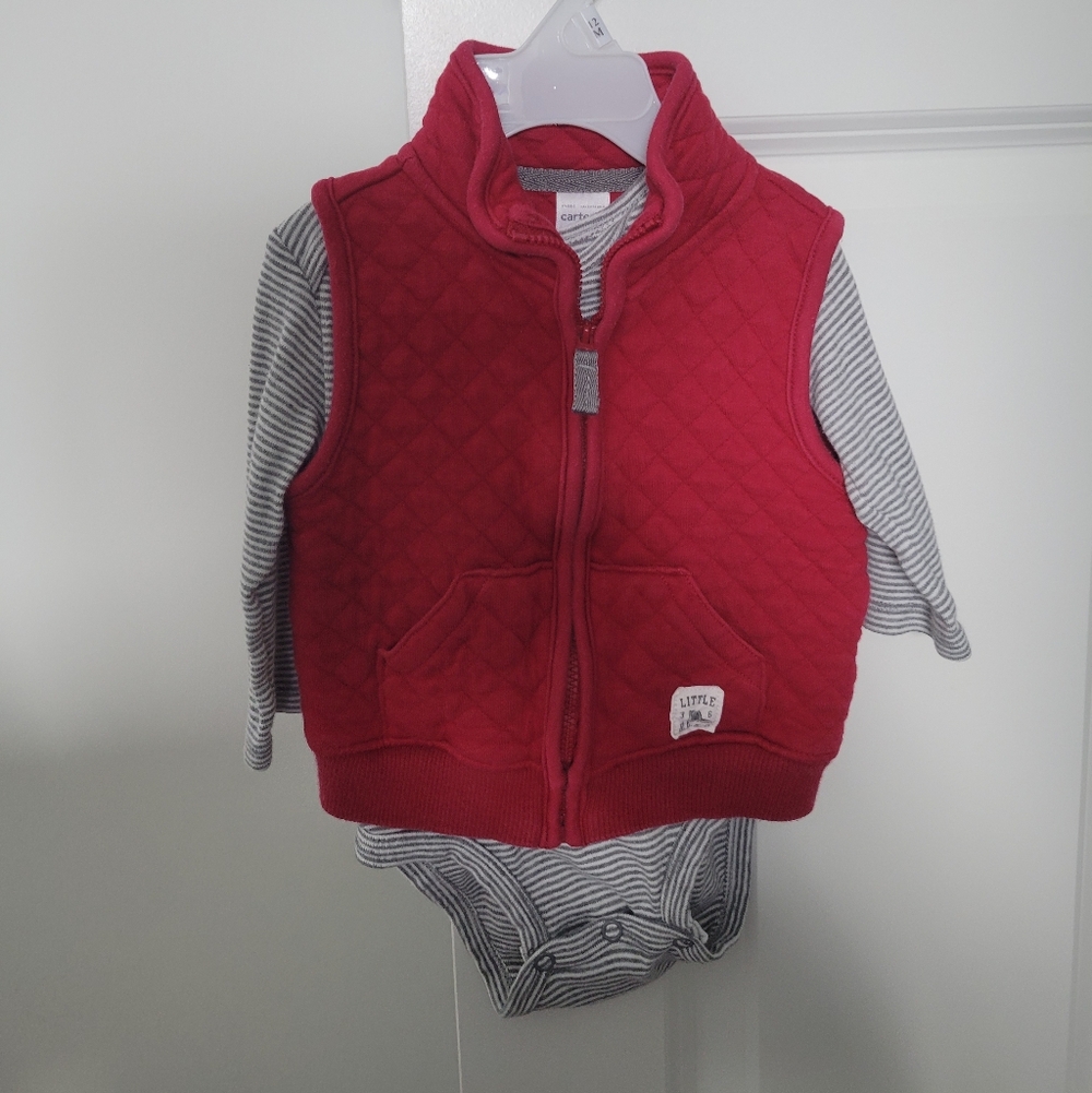 Carter's (12Mths) 2 Sets Quilted Red Vest and Gray Striped Bodysuit Set